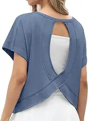 [GRECERELLE] Women's Open Back Workout Tops Backless Athletic Shirts Casual Crop Running Tee Y2k Yoga