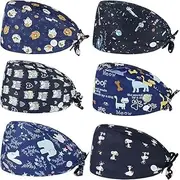 6Pcs Working Caps with Button and Sweatband, Adjustable Working Hats, Turban Cap, Printed Soft Cotton Hood for Women and Men