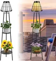 [Solgicar] 45.4'' Metal Outdoor Solar Floor Lamps with 2 Plant Stand, Waterproof Solar Lights Plant Stand for Patio Deck Yard Garden Porch- Black