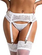 [ohmydear] Lace Plus Size Garter Belt for Women Floral Black Sexy Lingerie Suspenders Panties with 4 Metal Clips for Stocking