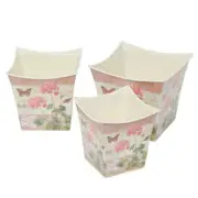 Set of 3 Assorted Size Pink Geranium Floral Print Design Tin Square Planters