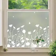 DKTIE Window Privacy Film Flowers Pure White Pattern Stained Glass Window Film Decorative Frosted Glass Window Film Sun Blocking Heat Control Static Cling, A274, 17.7" x 78.7"