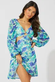 Green Floral Dress Watercolour Print Ring Front Balloon Sleeve - Size 12, Women's Skater Dress