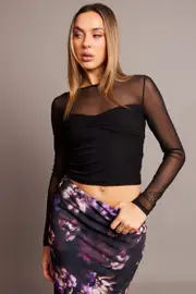 Black Mesh Top Long Sleeve - Size XXS, Women's Top