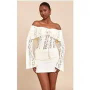 Lemon Fitted Lace Flared Sleeve Bardot Top, Lemon
