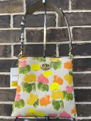 NWT $395 Coach Willow Bucket CC387 Floral Multi yellow green Bag Pebble Leather