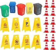 25 Pieces Mini Traffic Signs Toys Street Warning Signs Toy Anti- Collision Barrels Traffic Roadblock Cones and Mini Trash Cans Playset