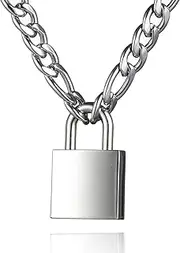 DIBOLA Padlock Necklace Stainless Steel Lock Chain for Men Women Silver 18-24 inch, Metal
