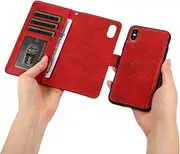 GoshukunTech for iPhone X Case,for iPhone Xs Phone Cover [2 in 1 Wallet Leather Case] Detachable Magnetic Flip Cover with Card Slots,Wrist Strap-Red