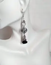 Black Lucite Flower Crystal Glass Beaded Earrings Silver Tone Filigree Boho Chic