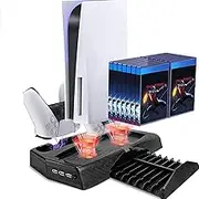 vertical stand with cooling fan for PS5 Digital and PS5 UHD, fast cooling, safe and quiet, includes 3 USB hubs, 2 DualSense controller charging cradles and 14 gaming slots