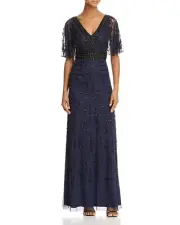 Aidan Mattox Twilight Blue Beaded Cape Sleeve Flutter Gown Size 0-4 NWT $495