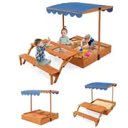 Babyjoy Outdoor Sand Pit Wooden Sand Box w/Cover Foldable Picnic Table & Bench Patio Activity Playset Blue