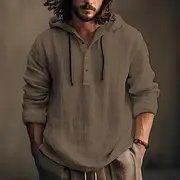 Men's Shirt Linen Shirt Calico Shirt Hooded Shirt Plain Casual Daily White Blue Brown Green Long Sleeve Hooded Spring Summer Clothing Apparel