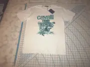 MENS LARGE WHITE/TEAL CAVALLI CLASS GRAPHIC T-SHIRT - NWT