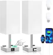 Set of 2 Touch Nightstand Lamp with USB-C+A Charge Ports& AC Outlets, 3-Way Dimm