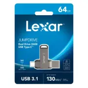 Lexar JumpDrive Dual Drive D400 USB 3.1 Type-C USB Drive, 64GB, Silver