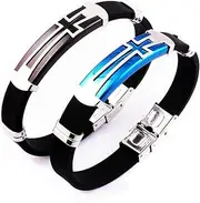 [Shamoparty] Men's Boys Titanium Steel Silicone Bracelet Fashion Jewellery Black Silver and Blue Fashion Cross Bracelet Arm Chain (Pack of 2), Große, Silicone, No