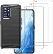 [carinacoco] Case for OPPO Find X5 Lite with with 3 Tempered Glass Screen Protector, Soft TPU Carbon Fiber Texture Shockproof Bumper Anti-Drop Rugged Cover, Ultra Slim Anti-Scratch Phone Case, Black