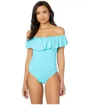 La Blanca Goddess Off the Shoulder Ruffle Aqua One Piece Swimsuit L51853 Size 16