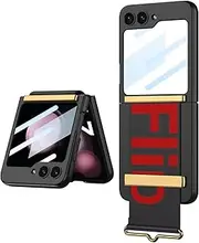 ESONG Case for Samsung Galaxy Z Flip6 with Back Screen Protector/Leather Wristband Holder, Hinge Protection, Ultrathin Wrist Strap, Kickstand Hard PC Cover, Shockproof Protective Bumper Shell-Black