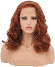 Auburn Wigs Short Wavy Lace Front Wigs Copper Red Synthetic Wig For Women Shoulder Length (Red Brown)