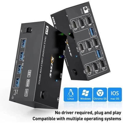 Triple Monitors KVM Switch, 2 Displayport + HDMI USB KVM Switch 8K@60Hz 4K@144Hz