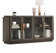 BELLEZE Sideboard Buffet Cabinet, Modern Wood Glass-Buffet-Sideboard with Storage, Console Table for Kitchen, Dining Room, Living Room, Hallway, or Entrance - Brixston (Brown)