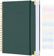 Spiral Notebook, Hardcover Leather Journal for Women Men, 300 Page Thick Notebooks College Ruled for Work, School, Note Taking, Writing Journals, Large A5 Notebook with Tabs Sticky, 5.7" x 8.5", Green