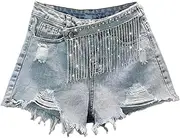 [Jegsnoe] Women High Waist Denim Shorts Fashion Patchwork Diamond Tassel Casual Hole Jeans Shorts
