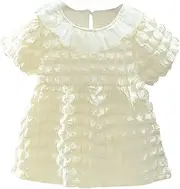 [Generic] Summer Fashion Bubble Sleeve Mesh Collar Girls' Princess Dress Toddler Summer Outfits for Girls (White, 2-3 Years)