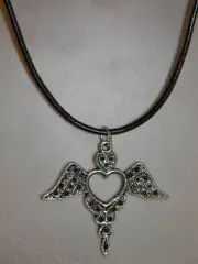 Winged Heart Necklace Silver Black Leather Cord Vintage Steampunk Style