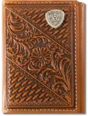 Ariat Western Mens Wallet Trifold Leather Weave Floral Concho Tan A3564108