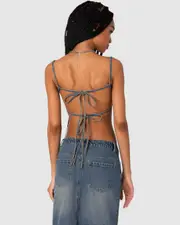 EDIKTED Womens Lassy Washed Denim Bralette BLUE-WASHED