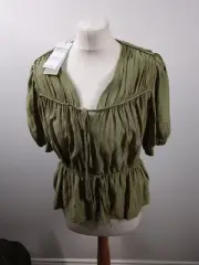 Next Green Tie Front Tiered Textured Short Sleeve Blouse Size 10 BNWT