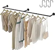 Industrial Pipe Clothes Rack with 3 Hooks, 72’'L Wall Mounted Garment Rack, Heavy Duty Iron Garment Bar, Clothes Hanging Rod Bar for Laundry Room, Max Load 135Lb Black (3 Base)