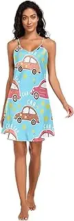[RPLIFE] Whimsical Cartoon Cars Blue Basic Satin Slip Lingerie, Adjustable Spaghetti Strap V Neck Sleeping Clothes for Women