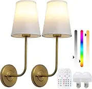 Buyee Set of 2 Rechargeable Battery Operated Wall Sconces Wireless Wall Lamp RGB Color Changing Dimmable Light White Fabric Shade Fixture with Remote Control Bulbs for Bedroom Living Room (Antique)