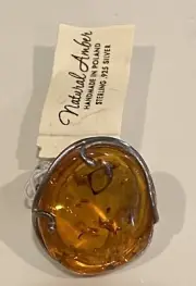 Vintage Natural Baltic Amber Large 925 Sterling Silver Ring Adjustable 6-8