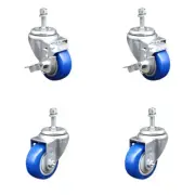 3.5 Inch SS Blue Polyurethane Swivel 3/8 Inch Threaded Stem Caster Set 2 Brakes