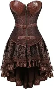 [FAWENLI] Fashion Corset Dress For Women Steampunk Corset Dress Women Gothic Pu Leather Corset Bustier With Gothic Lace