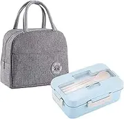 Bento Lunch Box for Adults and Kids, Wheat Straw Meal Prep Containers with Spoon, Chopsticks and Lunch Bag, Leakproof BPA Free 3 Compartment Lunch Containers for Schools Work Travel(Blue)