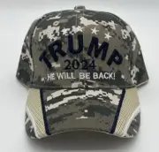 Camo Trump 2024 Embroidered HatBall Cap He Will Be Back.