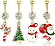 [Niaspi] 4Pcs 14G Christmas Belly Button Rings for Women Santa Claus Christmas Tree Candy Cane Snowman 18K Gold Plated Stainless Steel Belly Navel Barbell Rings Xmas Body Piercing Jewelry, Stainless