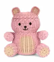 Pink Bear Rattan Storage Basket Bin Decor Hand Woven Shelf Organizer Wicker Art
