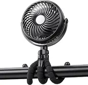 Baby Stroller Fan - 5000mAh Battery operated Clip on Fan with Flexible Tripod - 360 Degree Rotatable Portable Fan for Car Seat Crib Golf Cart Peloton Bike Treadmill ( Black )