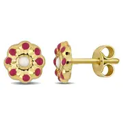 Amour 14k Yellow Gold Dark Pink and White Enamel Flower Stud Earrings