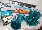 Pioneer Woman Teal Embossed 10 Pc Set Cake Server,4 Desert Plates,Pitcher & Sign