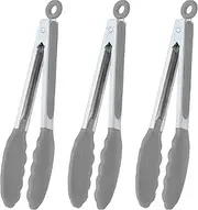 3 Set Locking Kitchen Tongs with Silicon Tips 7-Inch Stainless Steel Grilling Tongs (Grey, One Size)