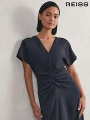 Reiss Navy Rowe Petite Ruched-Front Midi Dress (H27700) | $465